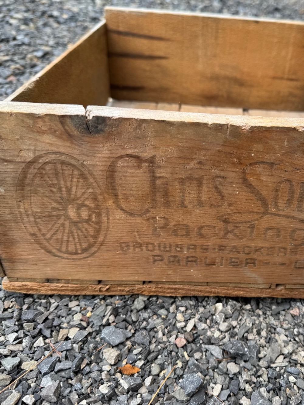 Antique Wooden Chris Sorensen Shipping Crate Paruier California Wagon Wheel